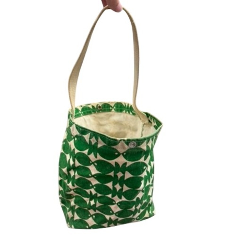 Marblehead Handprints Green Fish Print Canvas Tote Bag Mid-Century Geo Bucket